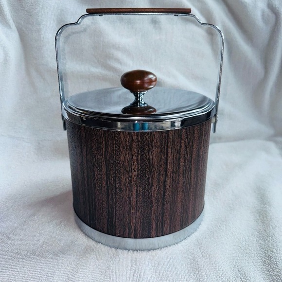 Vintage Atapco MCM Faux Wood Grain Vinyl Chrome Ice Bucket Mid Century USA - Picture 2 of 10
